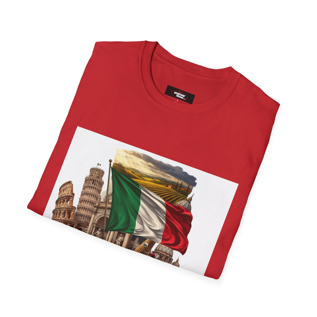 Italian Landmarks & Cuisine T-Shirt — Pizza, Colosseum & Flag Graphic