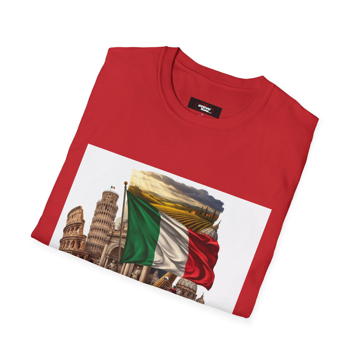 Italian Landmarks & Cuisine T-Shirt — Pizza, Colosseum & Flag Graphic