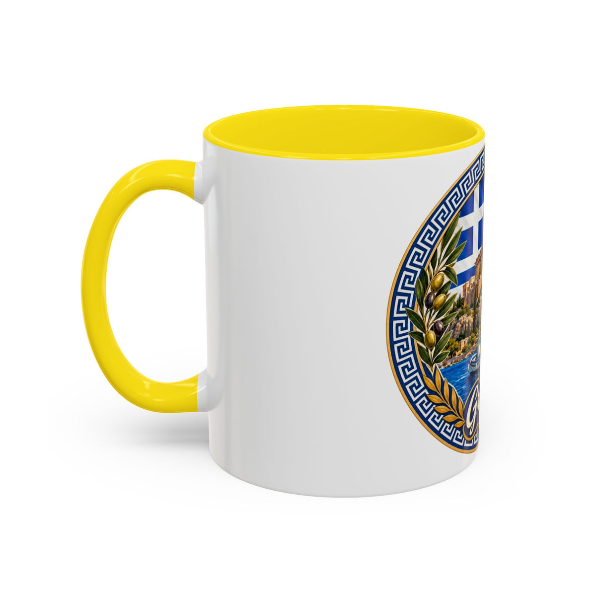 Greece Scenic Accent Coffee Mug – Acropolis, Olive & Blue Flag Design (11/15oz)