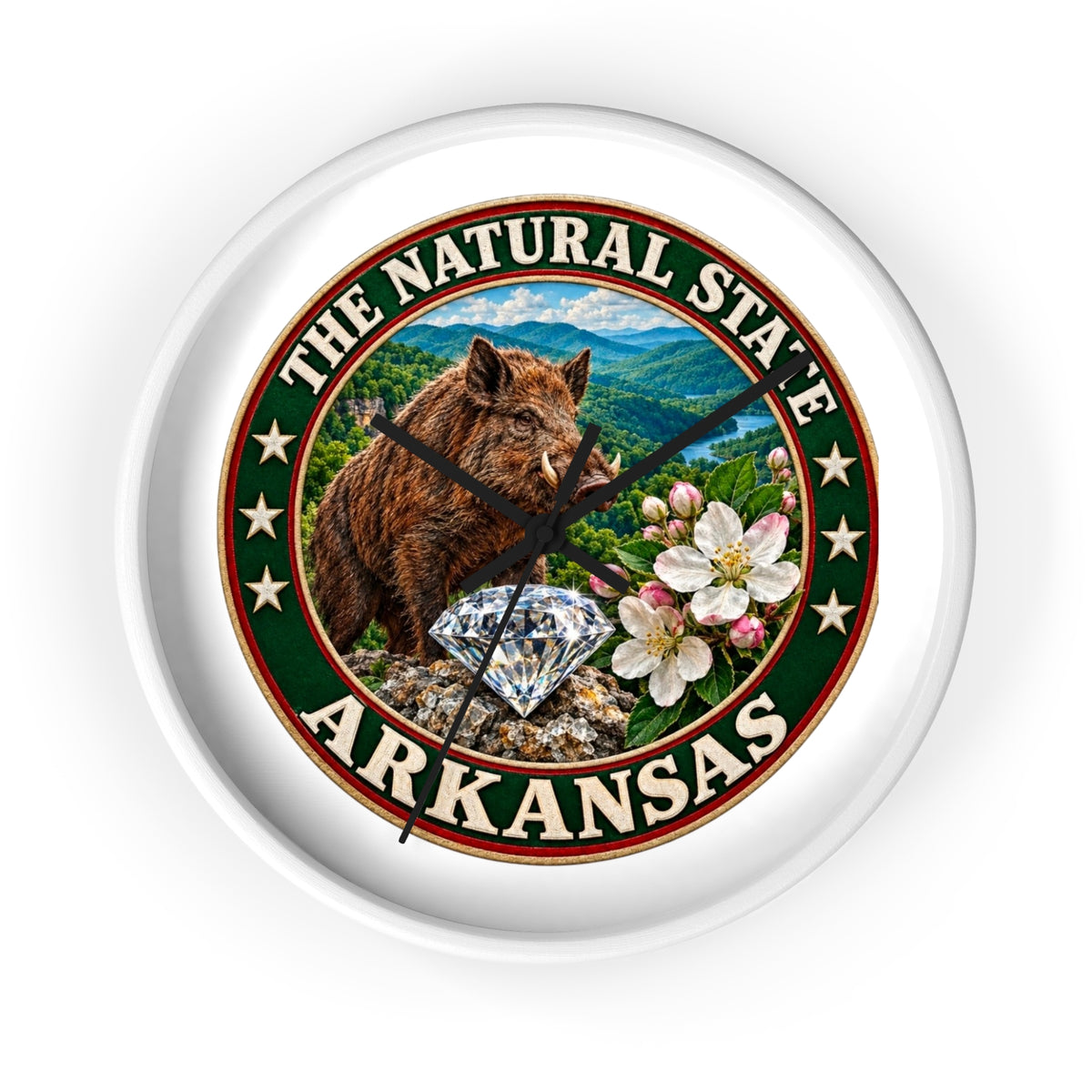 Arkansas State Seal Decorative Wall Clock — 'The Natural State' Bear, Diamond & Apple Blossom Design