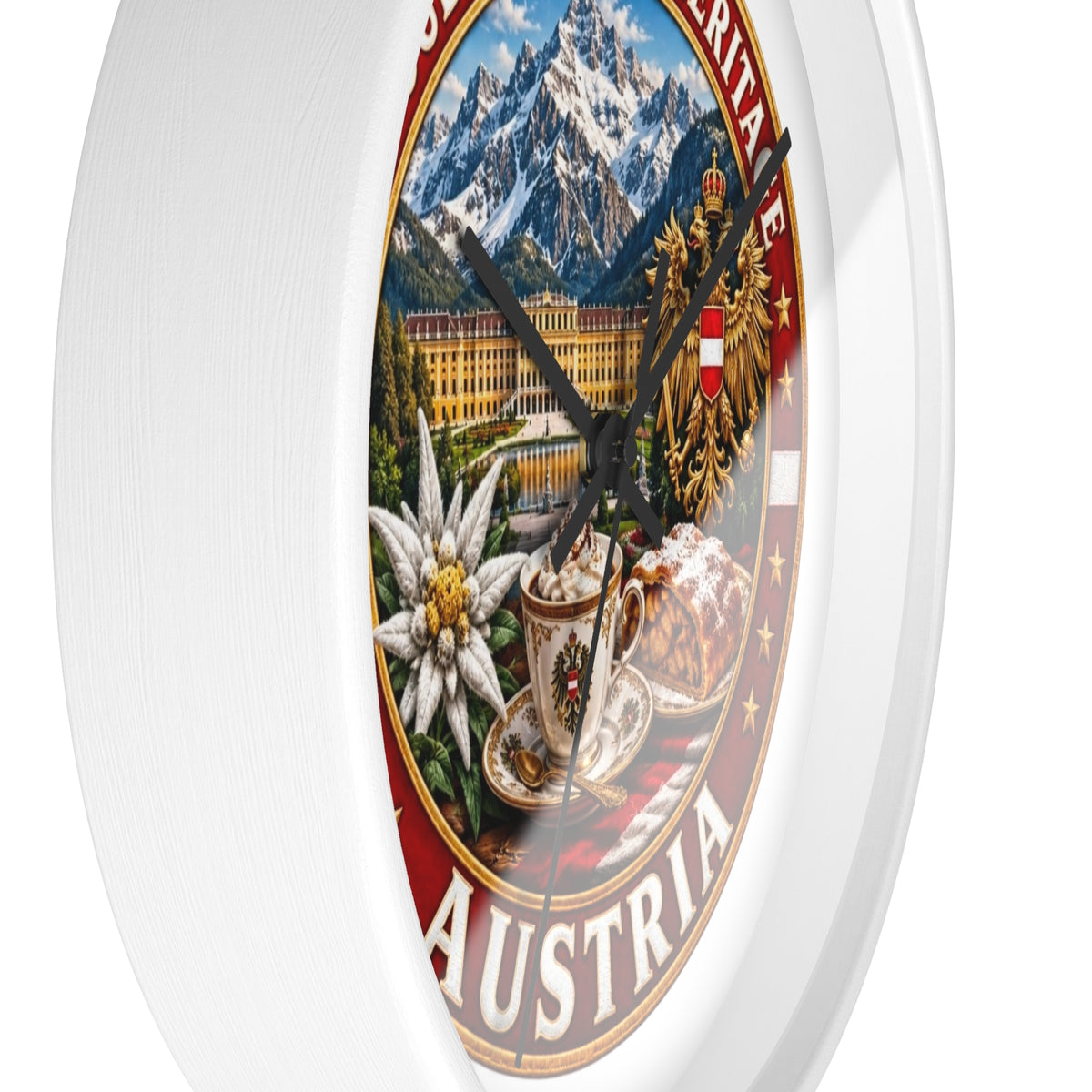 Austria Heritage Wall Clock — Proud Austrian Mountains & Coffee Scene
