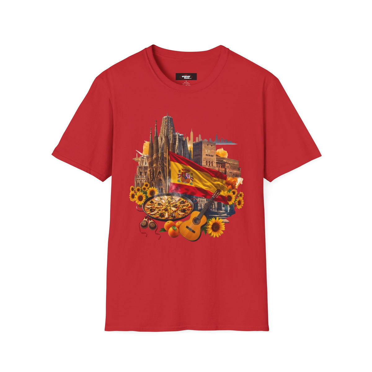 Spain Travel Collage T-Shirt — Paella, Guitar & Spanish Flag Graphic Tee
