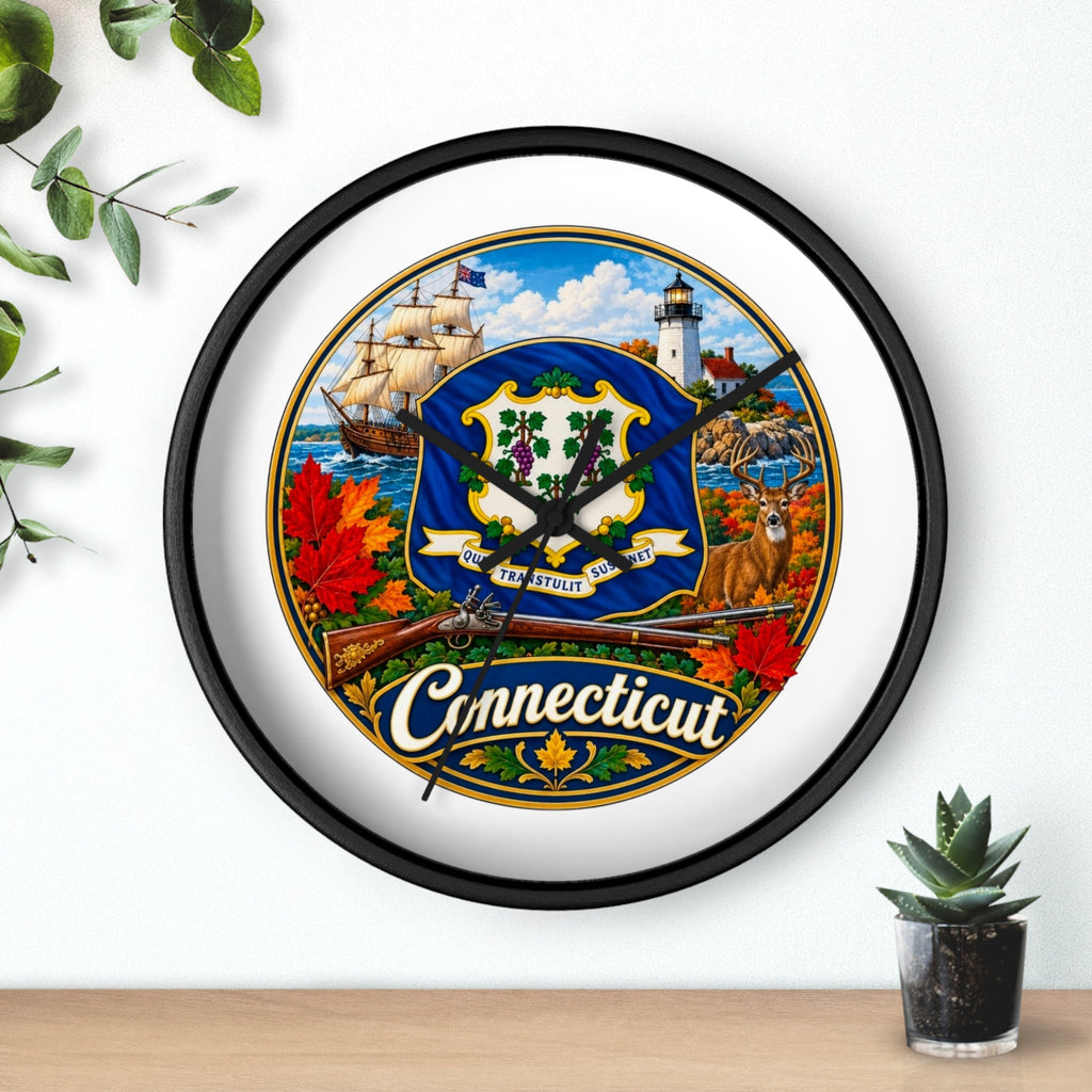Connecticut State Emblem Wall Clock — Scenic Lighthouse, Ship & Maple Leaf Decor