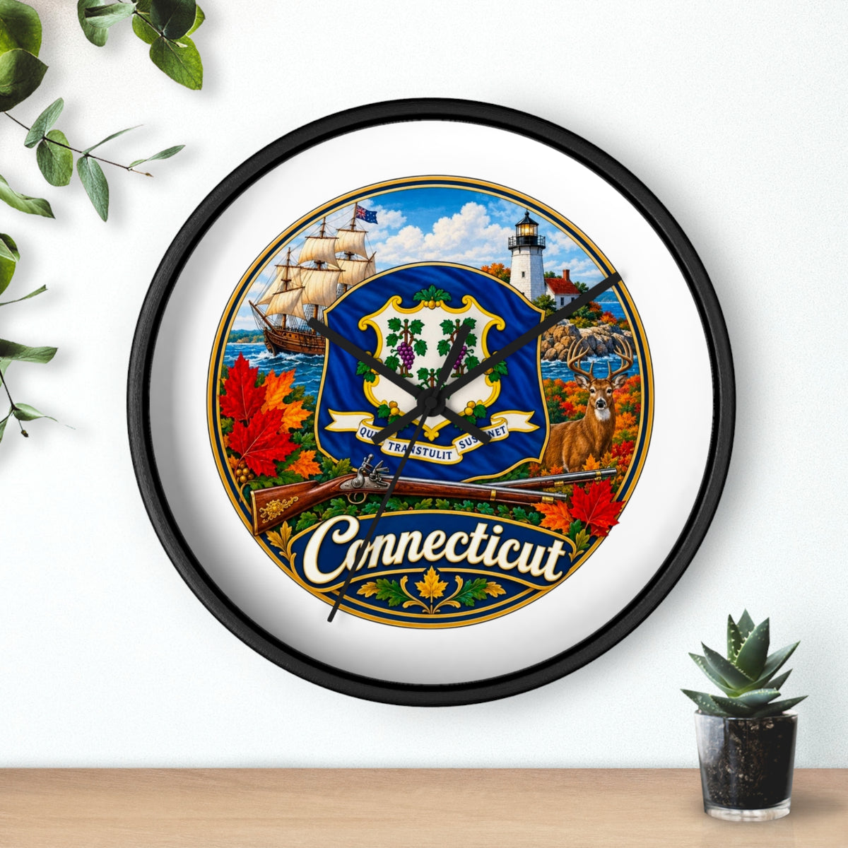 Connecticut State Emblem Wall Clock — Scenic Lighthouse, Ship & Maple Leaf Decor