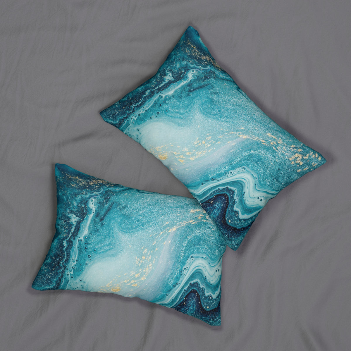 Teal Marble Lumbar Pillow - Ocean Blue Abstract Decorative Throw