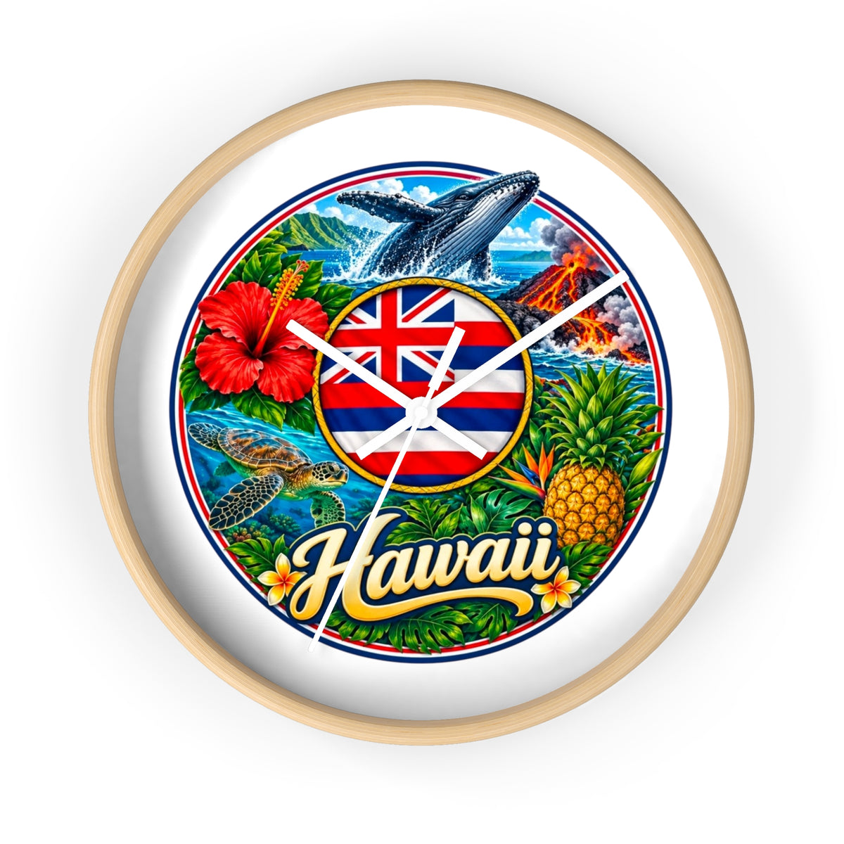 Hawaii Tropical Souvenir Wall Clock — Hawaiian Flag, Hibiscus, Pineapple & Whale Design