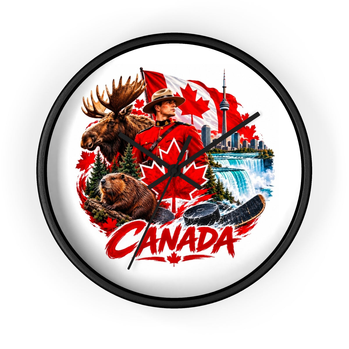 Canada Souvenir Wall Clock — Maple Leaf Moose, Bear & Mountie Collage