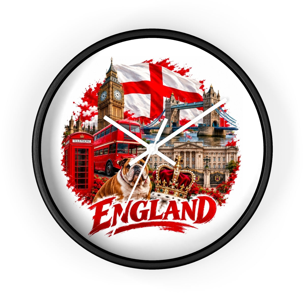 England Wall Clock – British Landmarks, Bulldog & St. George Flag Home Decor