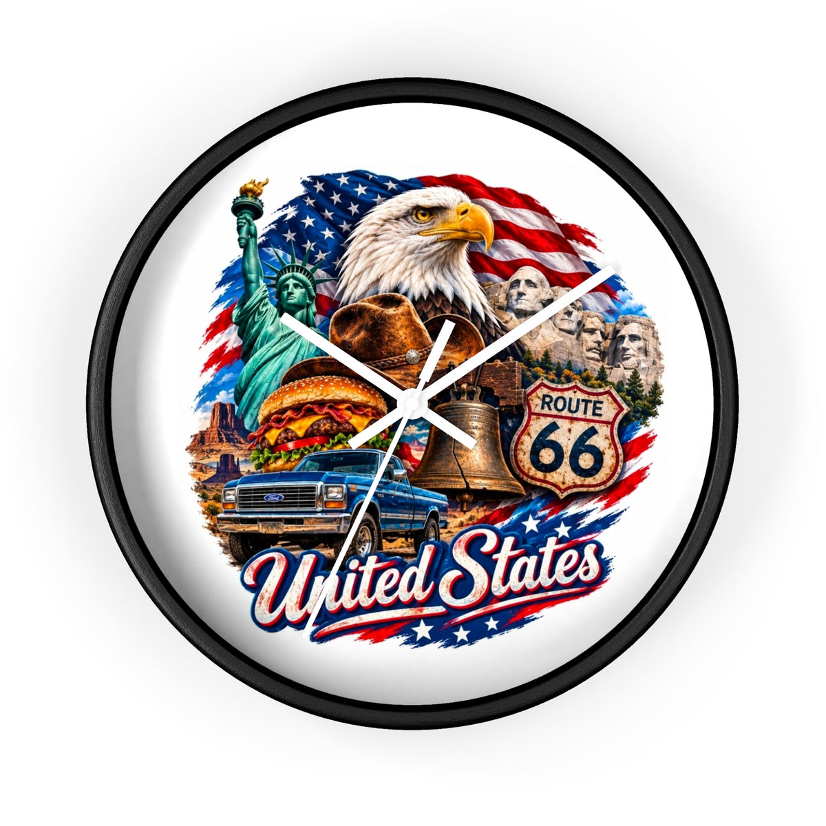 United States Patriotic Wall Clock — Eagle, Route 66 & American Landmarks