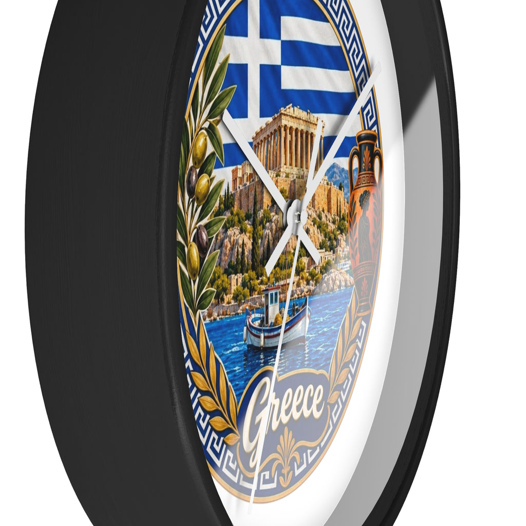 Greece Decorative Wall Clock — Parthenon, Olive Branch & Greek Flag Design