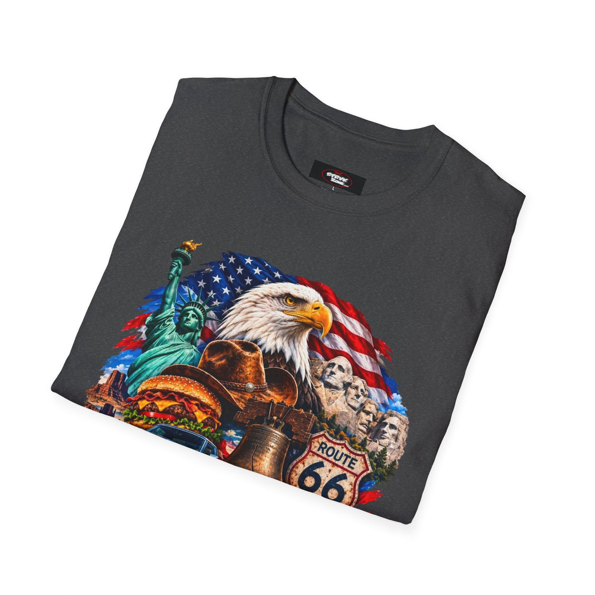 United States Patriotic T-Shirt — Bald Eagle, Statue of Liberty & Route 66 Design