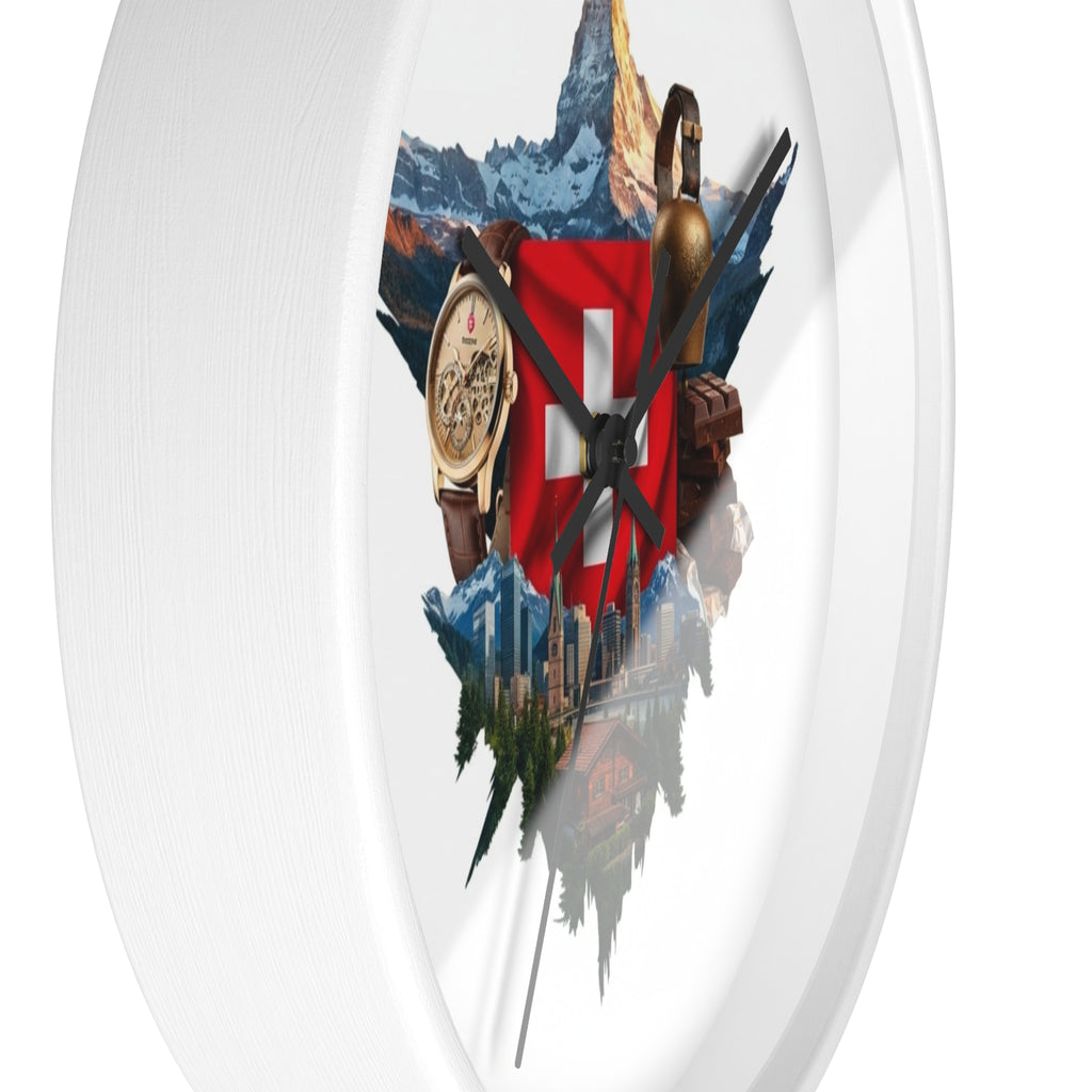 Swiss Heritage Wall Clock – Alpine Crest Design with Swiss Flag, Mountain & Chalet Elements