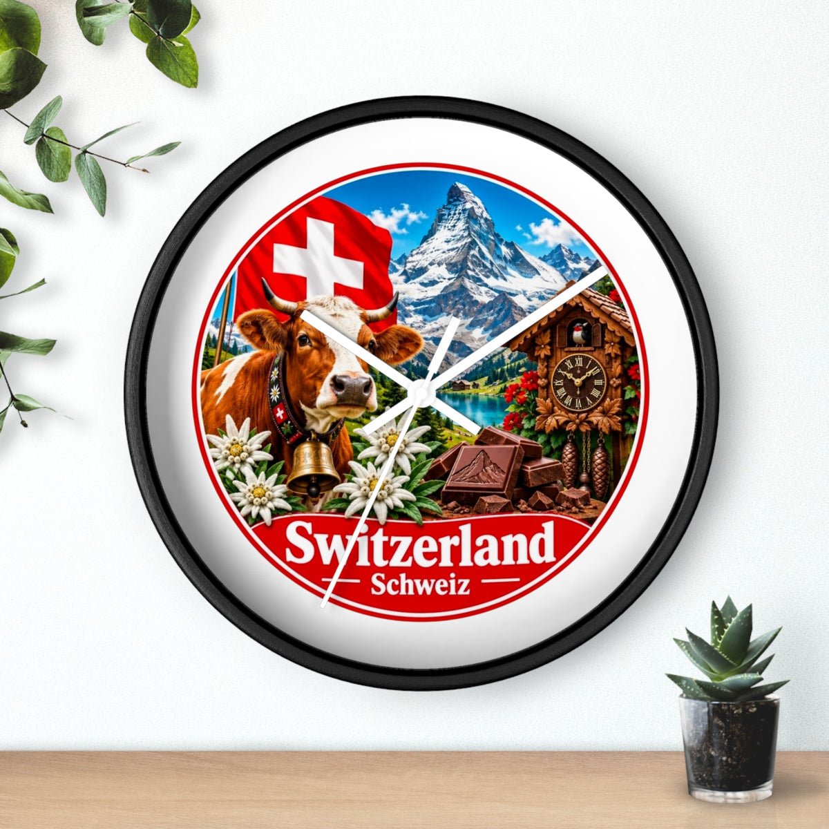 Switzerland Wall Clock — Alpine Cow, Cuckoo Clock & Matterhorn Souvenir