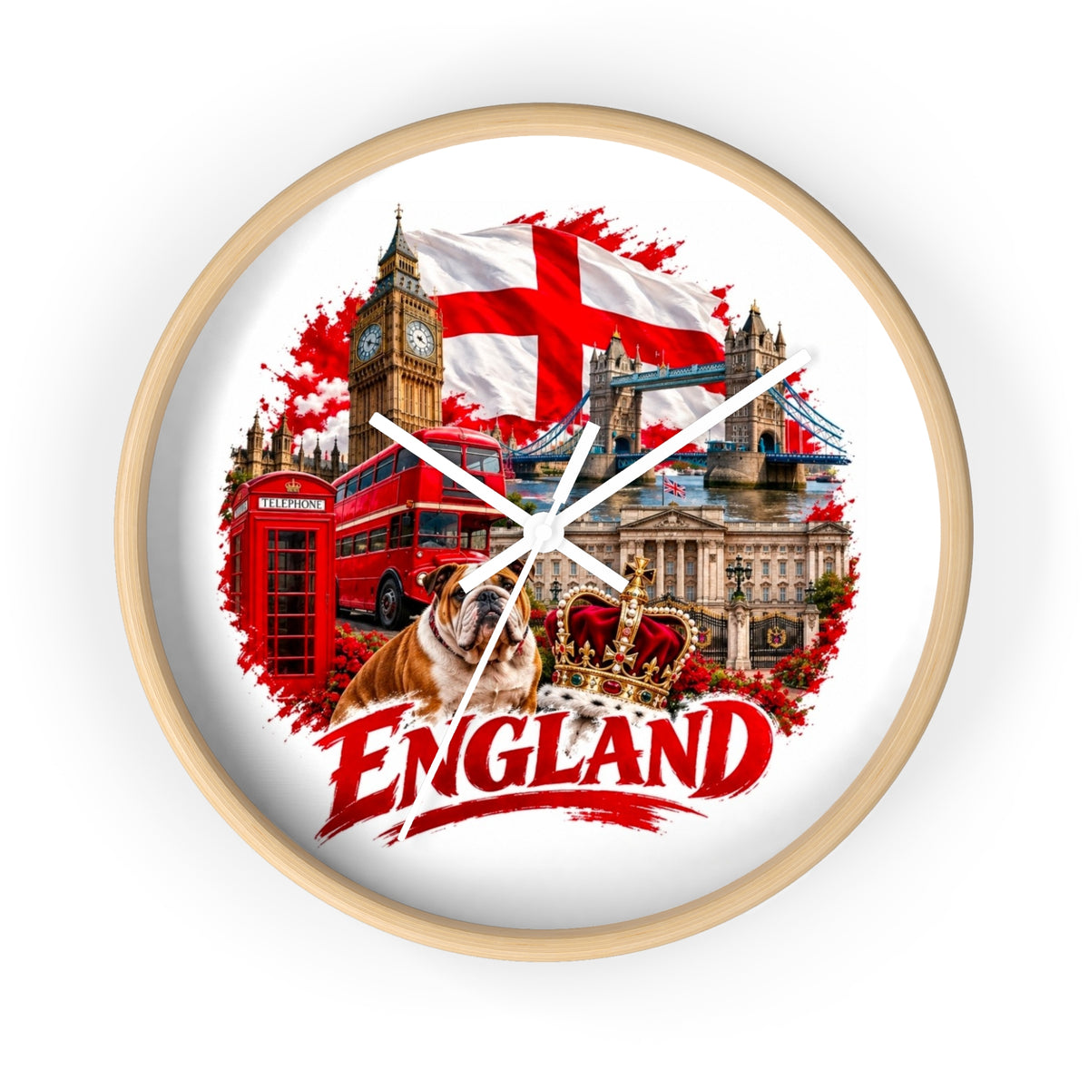 England Wall Clock – British Landmarks, Bulldog & St. George Flag Home Decor