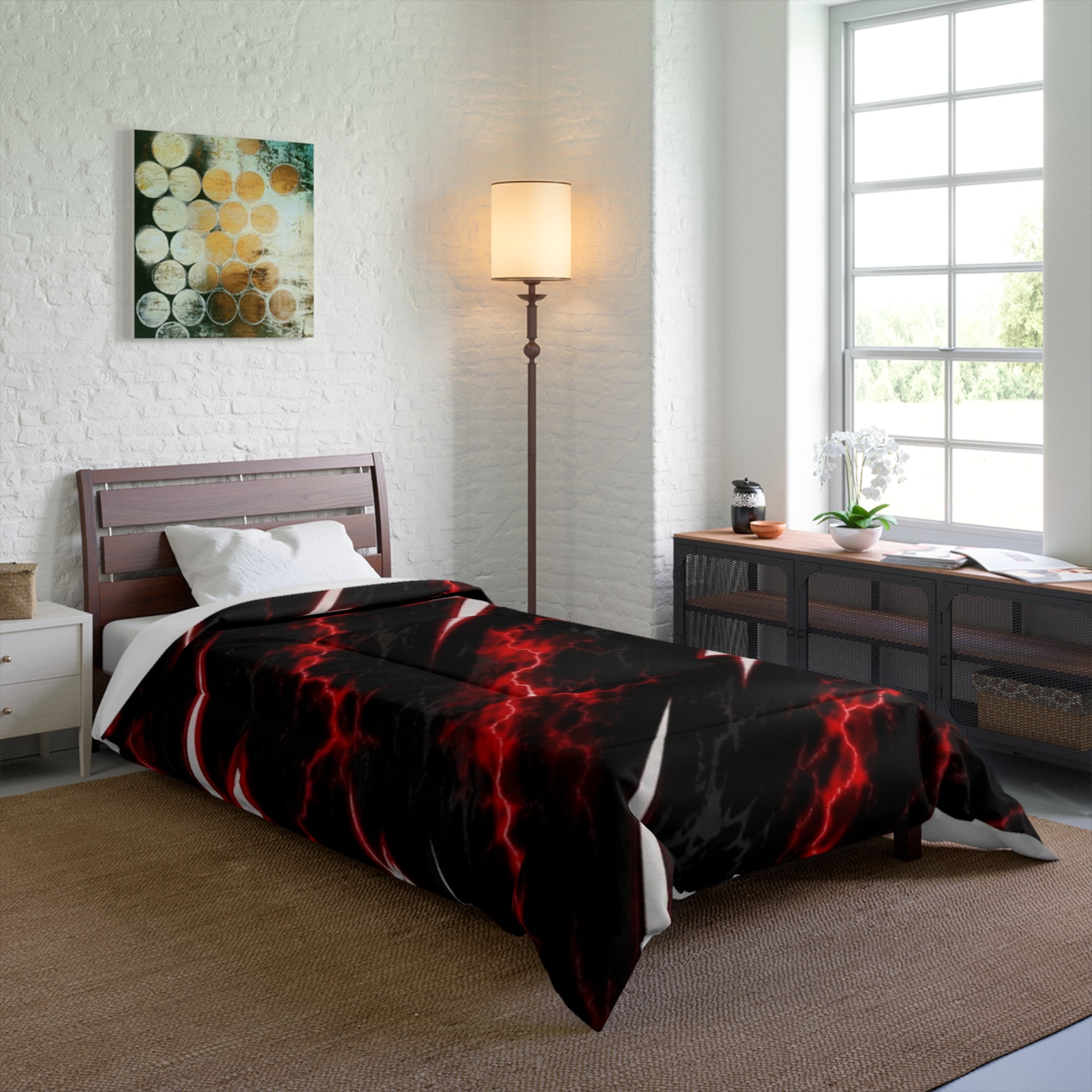 Lightning Bolt Comforter — Black & Red Electric Storm Bed Cover