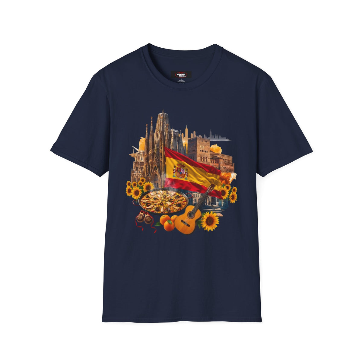 Spain Travel Collage T-Shirt — Paella, Guitar & Spanish Flag Graphic Tee