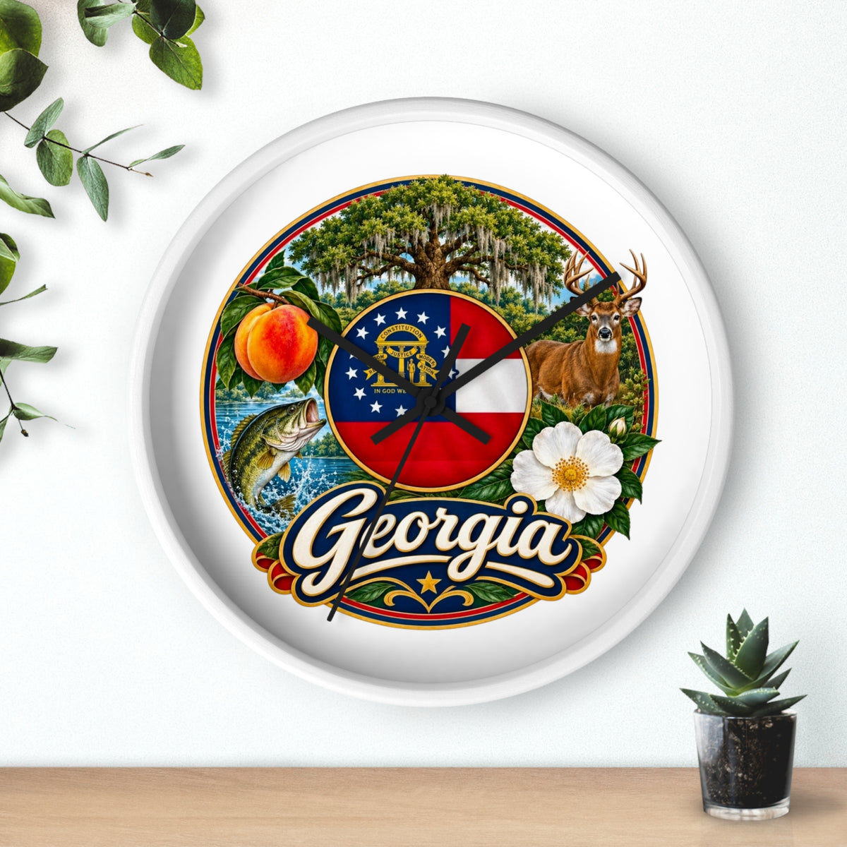 Georgia State Emblems Wall Clock — Peach, Magnolia & Outdoors Decorative Clock