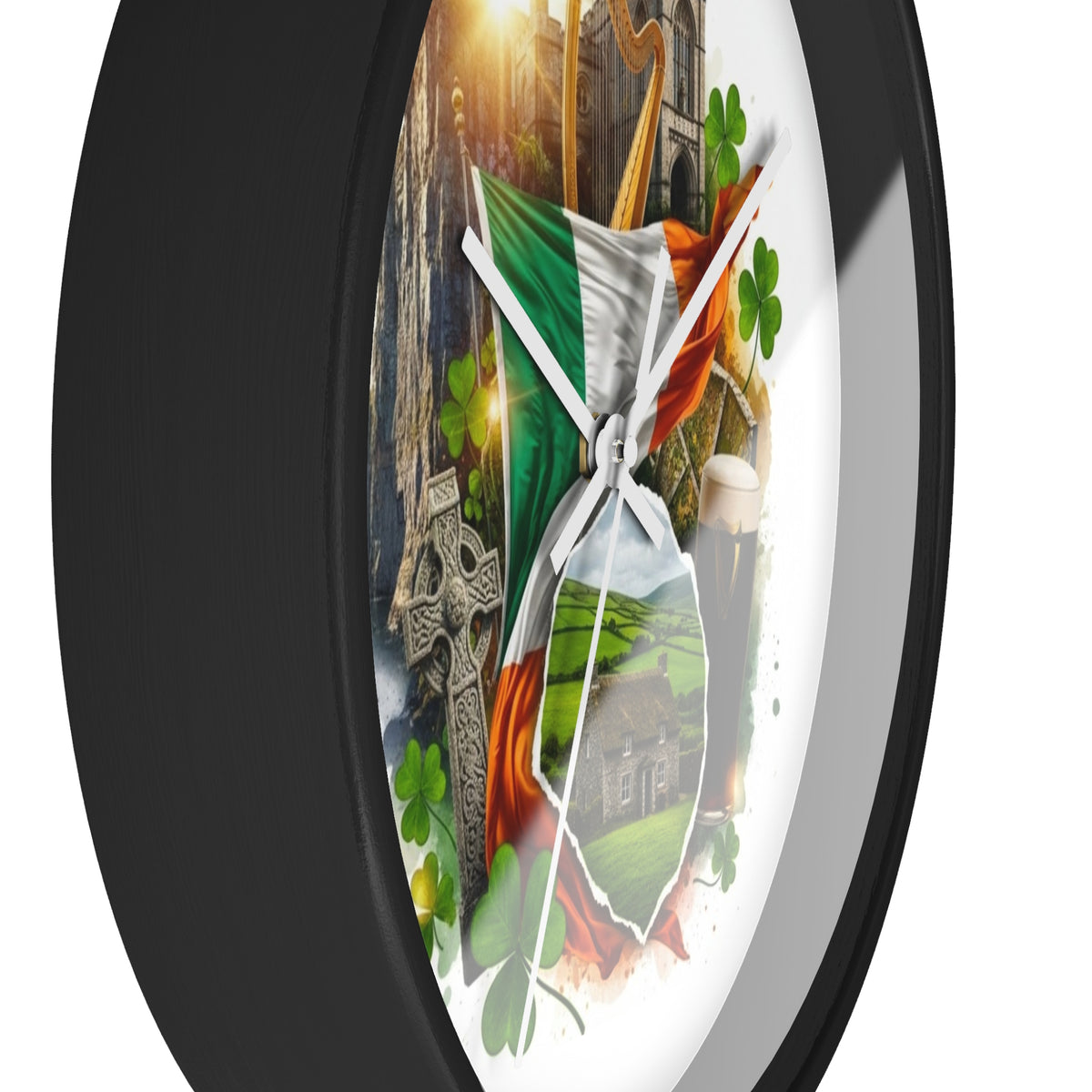 Irish Heritage Wall Clock — Celtic Flag, Shamrocks, Harp & Pub Pint Decor