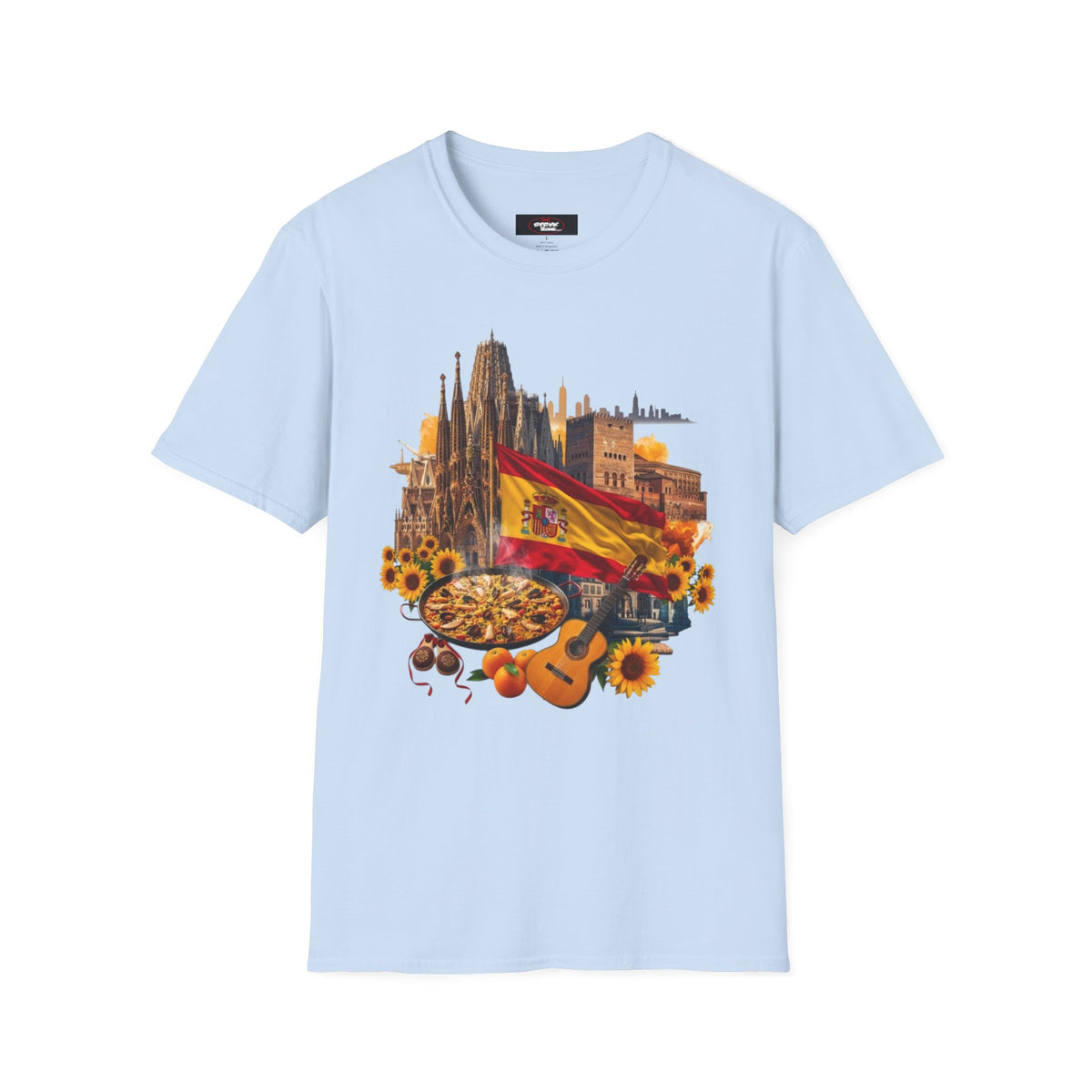 Spain Travel Collage T-Shirt — Paella, Guitar & Spanish Flag Graphic Tee