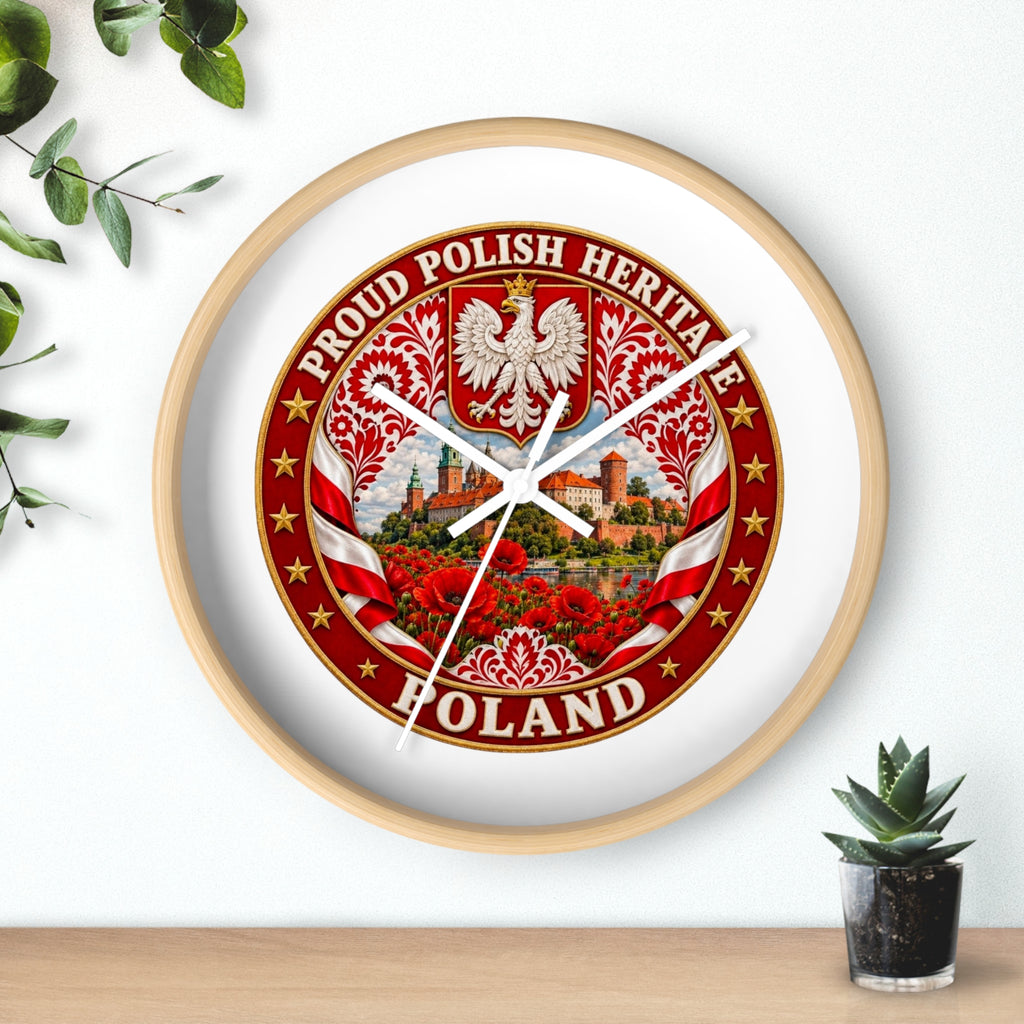 Poland Wall Clock — Proud Polish Heritage Design (Eagle, Castle & Poppies)