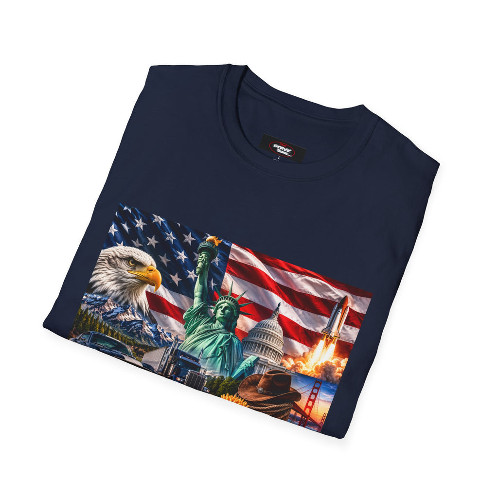 Patriotic USA Montage T-Shirt – Eagle, Statue of Liberty & American Flag Design