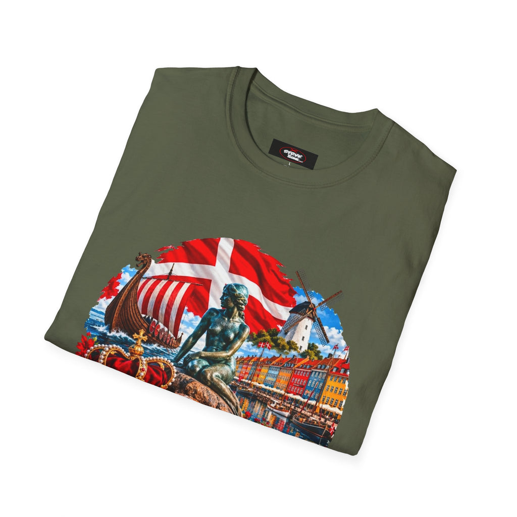 Denmark Travel T-Shirt — Copenhagen Landmarks & Viking Collage Tee