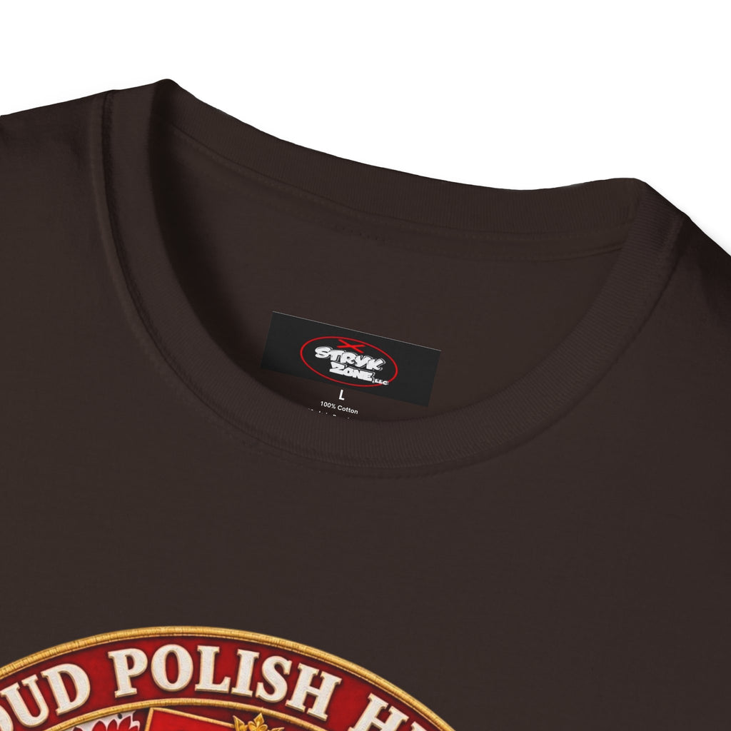 Poland Pride T-Shirt — "Proud Polish Heritage" Circle Crest with White Eagle and Floral Motif