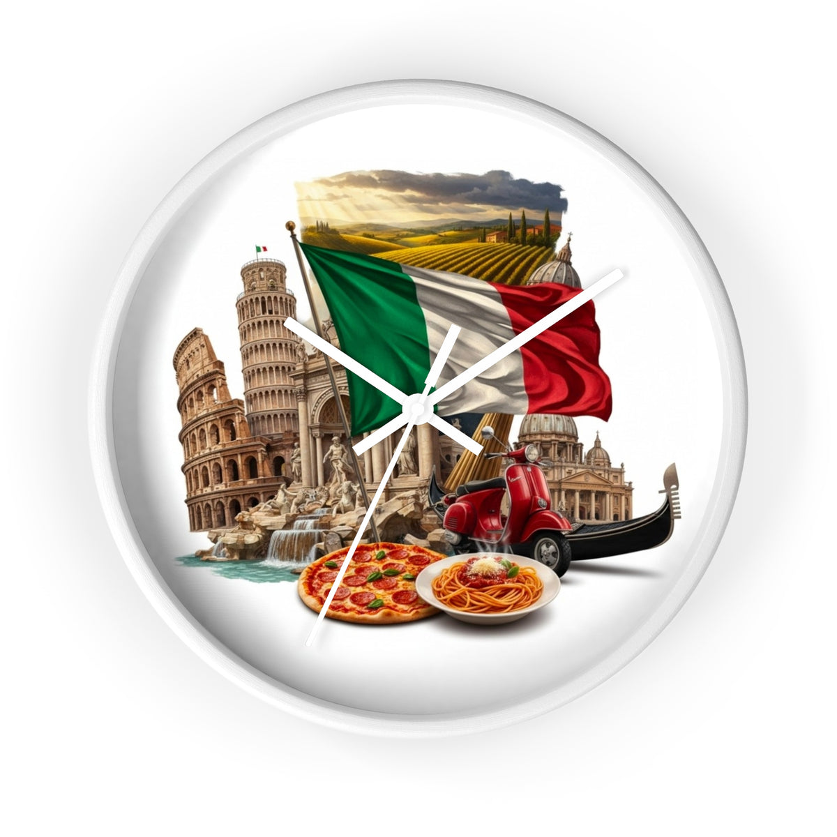 Italian Landmarks Wall Clock — Pizza, Vespa & Flag Heritage Decor