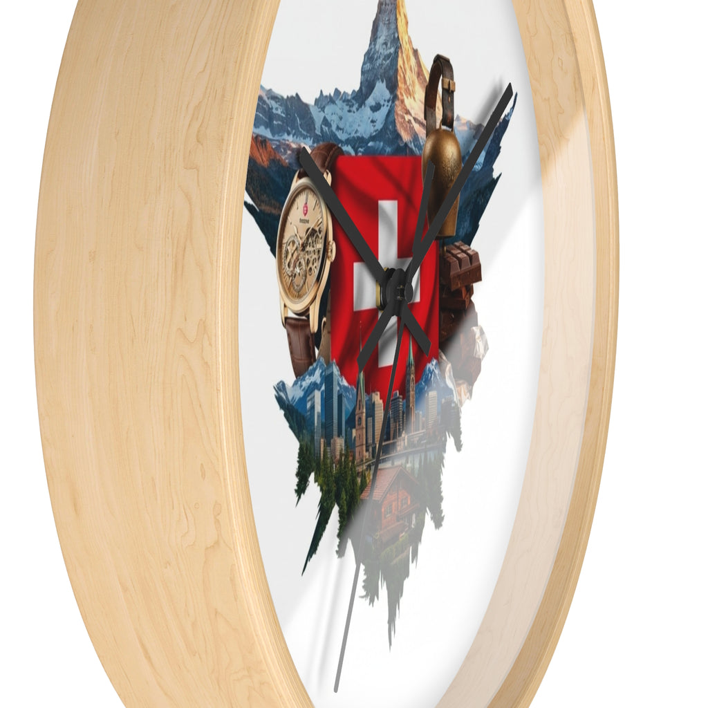 Swiss Heritage Wall Clock – Alpine Crest Design with Swiss Flag, Mountain & Chalet Elements
