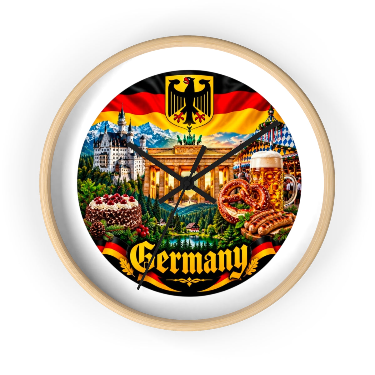 Germany Wall Clock — Travel Landmark Decor with Flag, Bavarian Pretzels & Beer