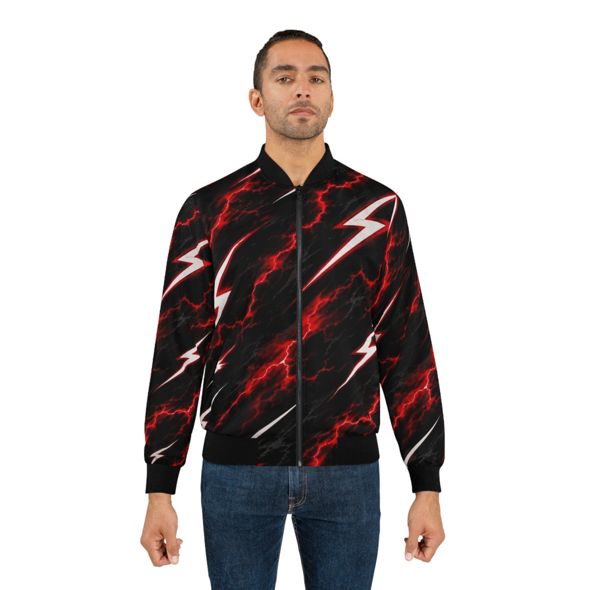 Lightning Bolt Bomber Jacket — Red & Black Storm Graphic