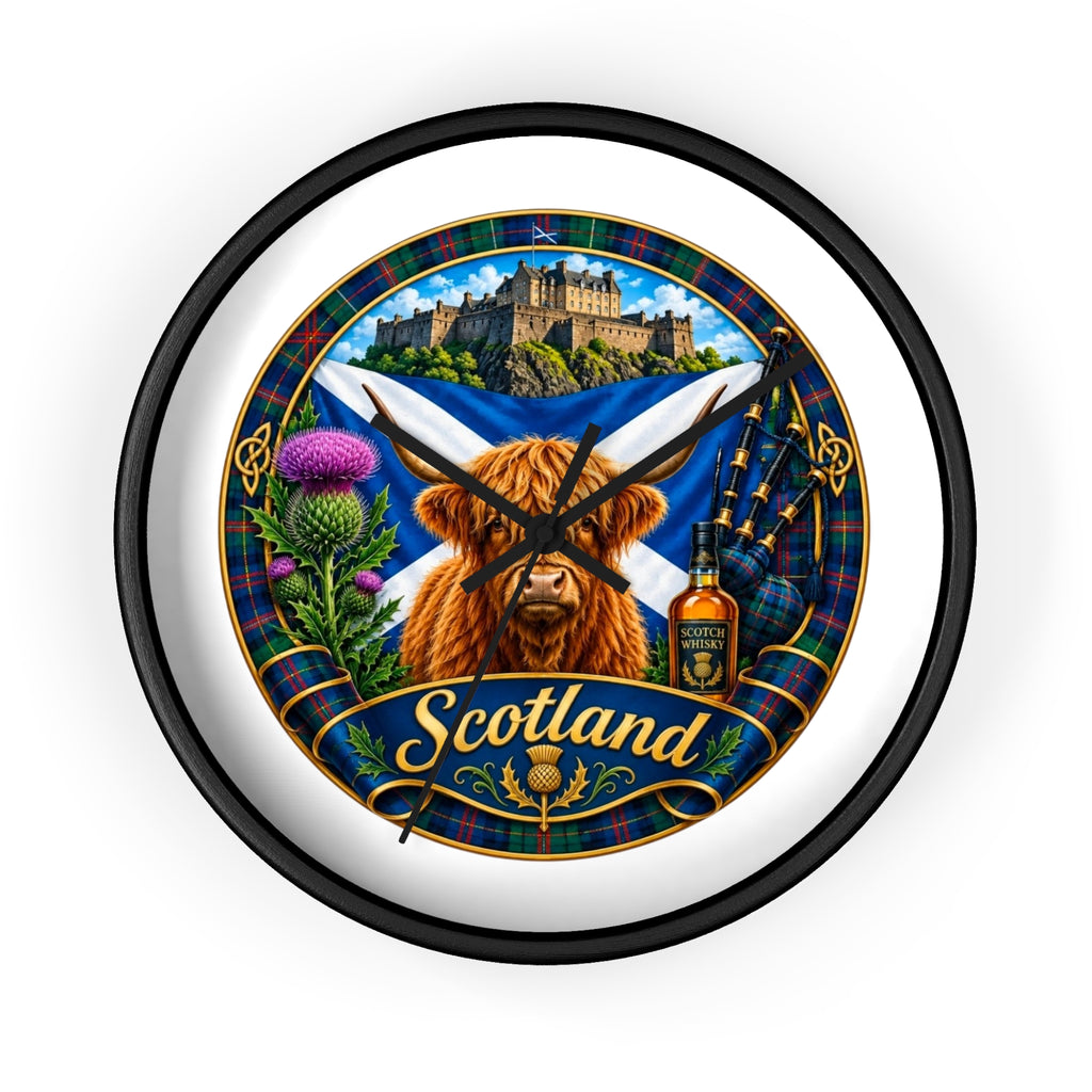 Scotland Highland Cow Wall Clock — Tartan Thistle Scottish Castle Home Decor