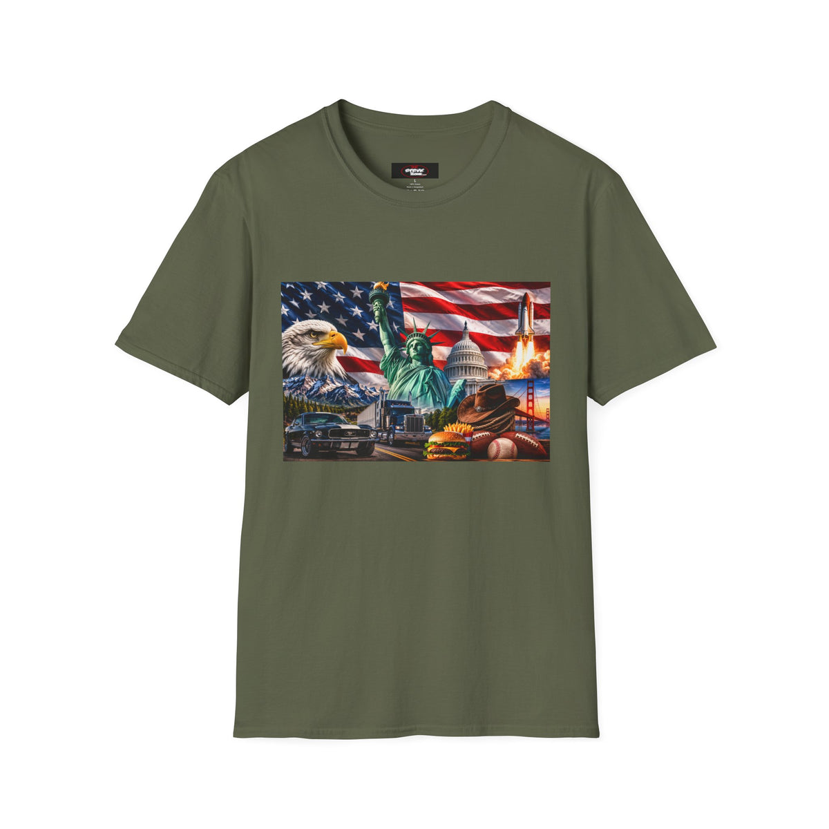 Patriotic USA Montage T-Shirt – Eagle, Statue of Liberty & American Flag Design