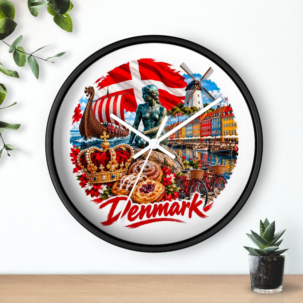 Denmark Wall Clock — Copenhagen Icons: Little Mermaid, Nyhavn, Viking Longship & Danish Pastries