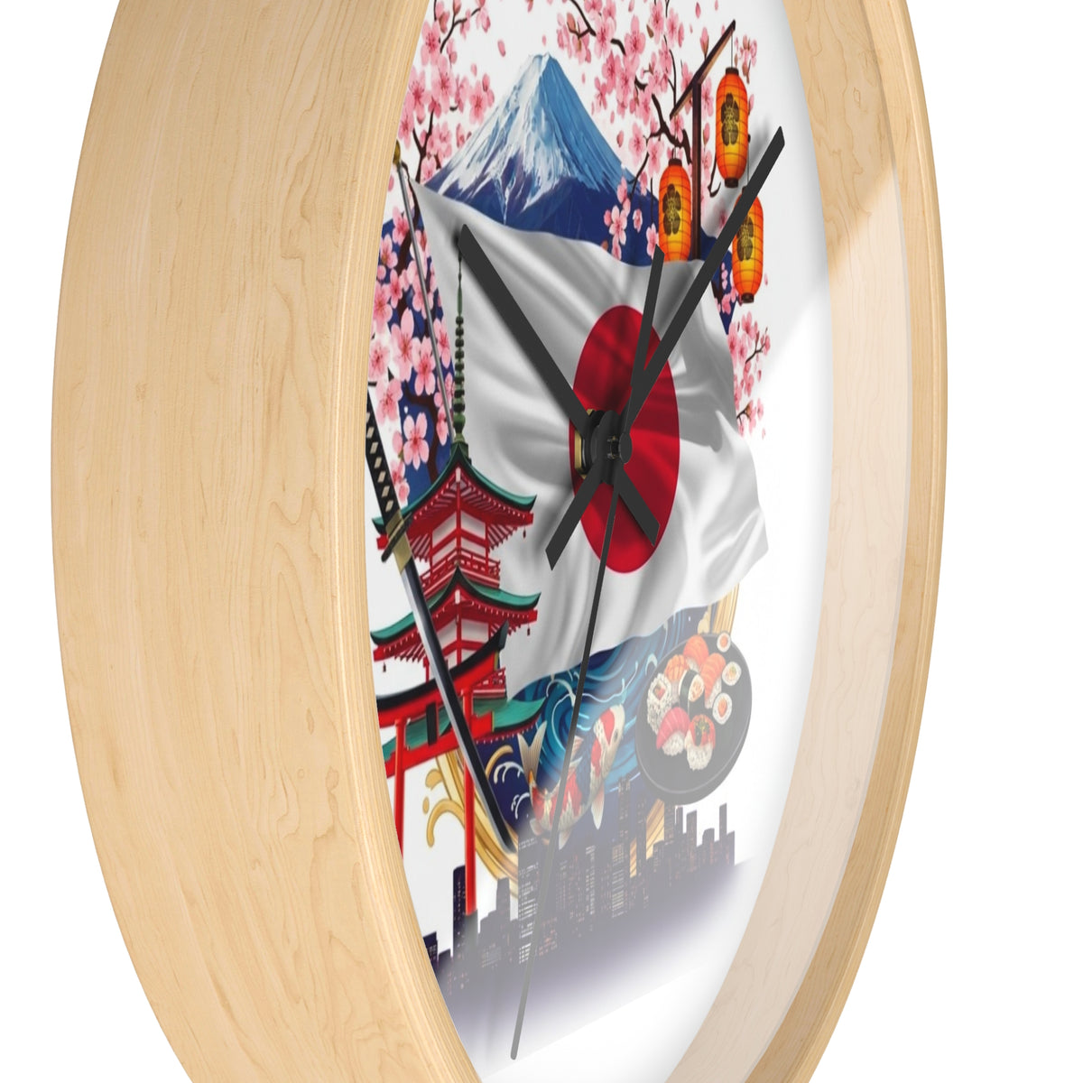 Japanese Flag Wall Clock — Mount Fuji, Sakura & Sushi Decorative Clock