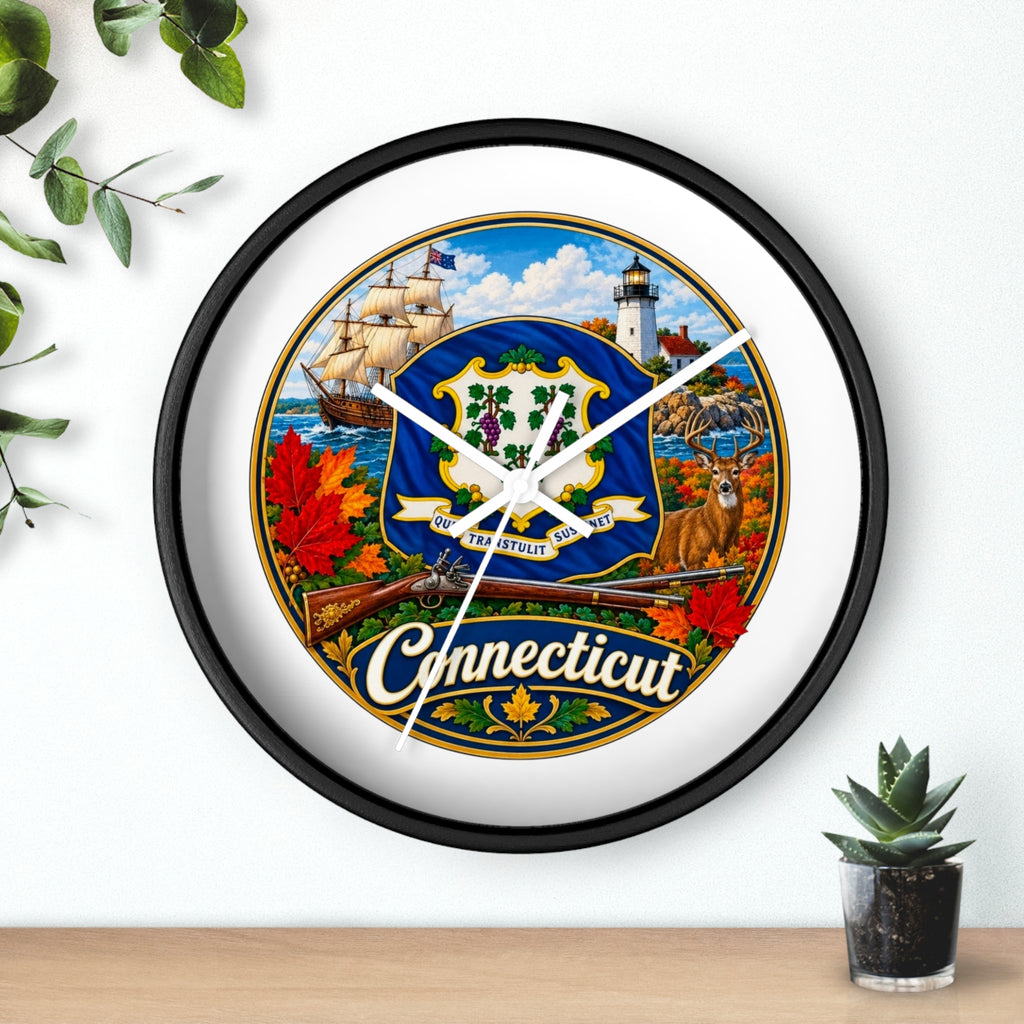 Connecticut State Emblem Wall Clock — Scenic Lighthouse, Ship & Maple Leaf Decor