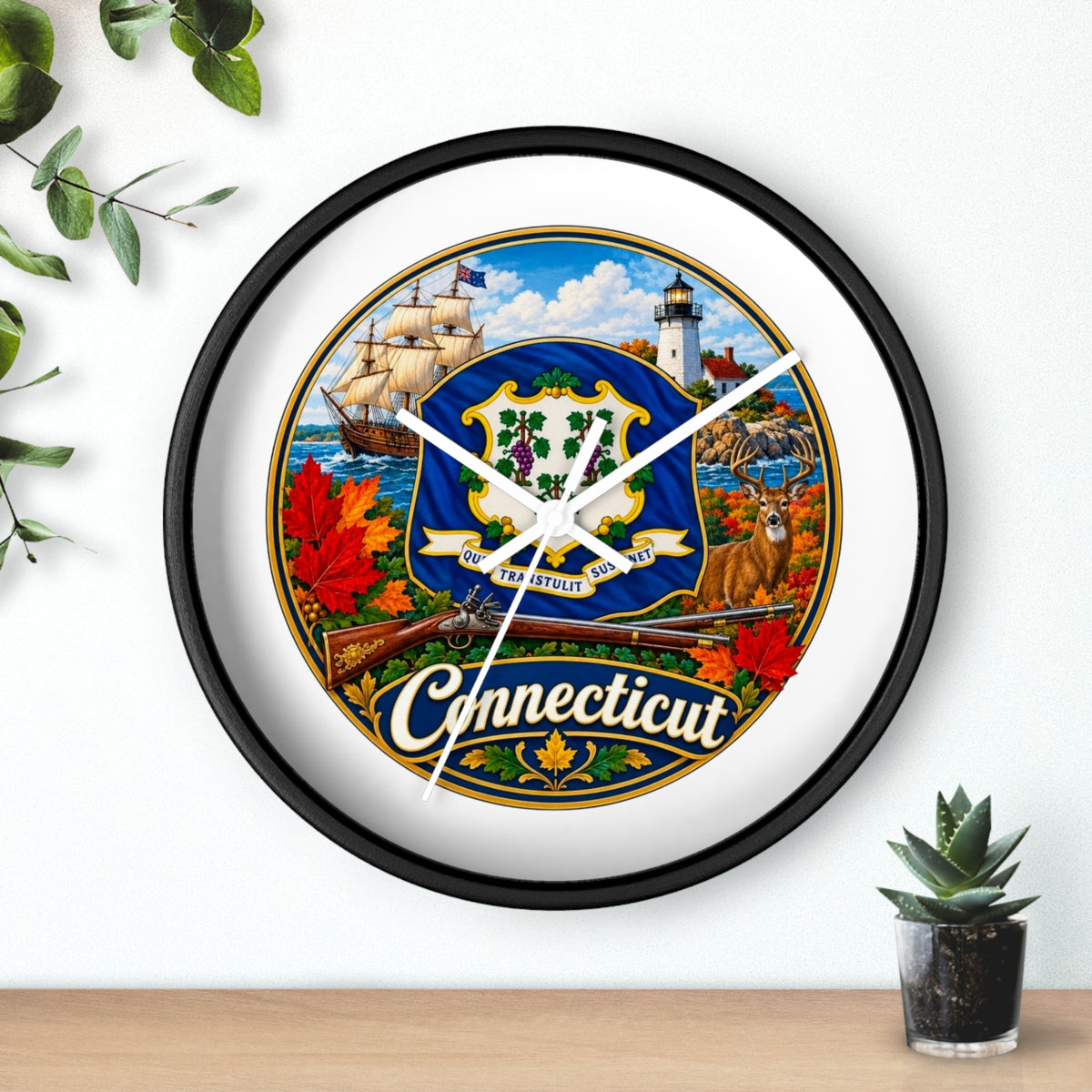 Connecticut State Emblem Wall Clock — Scenic Lighthouse, Ship & Maple Leaf Decor