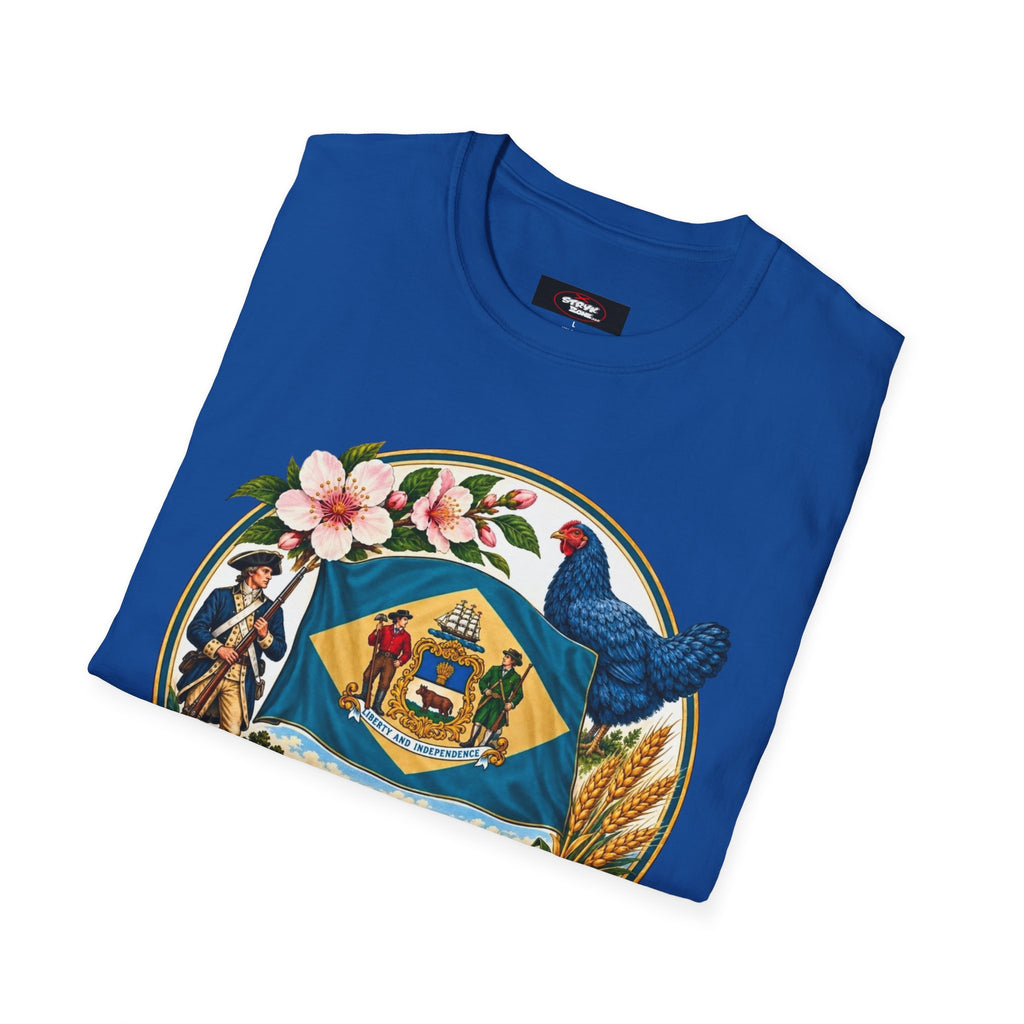 Delaware State Seal Vintage T-Shirt — Floral & Blue Hen State Emblem