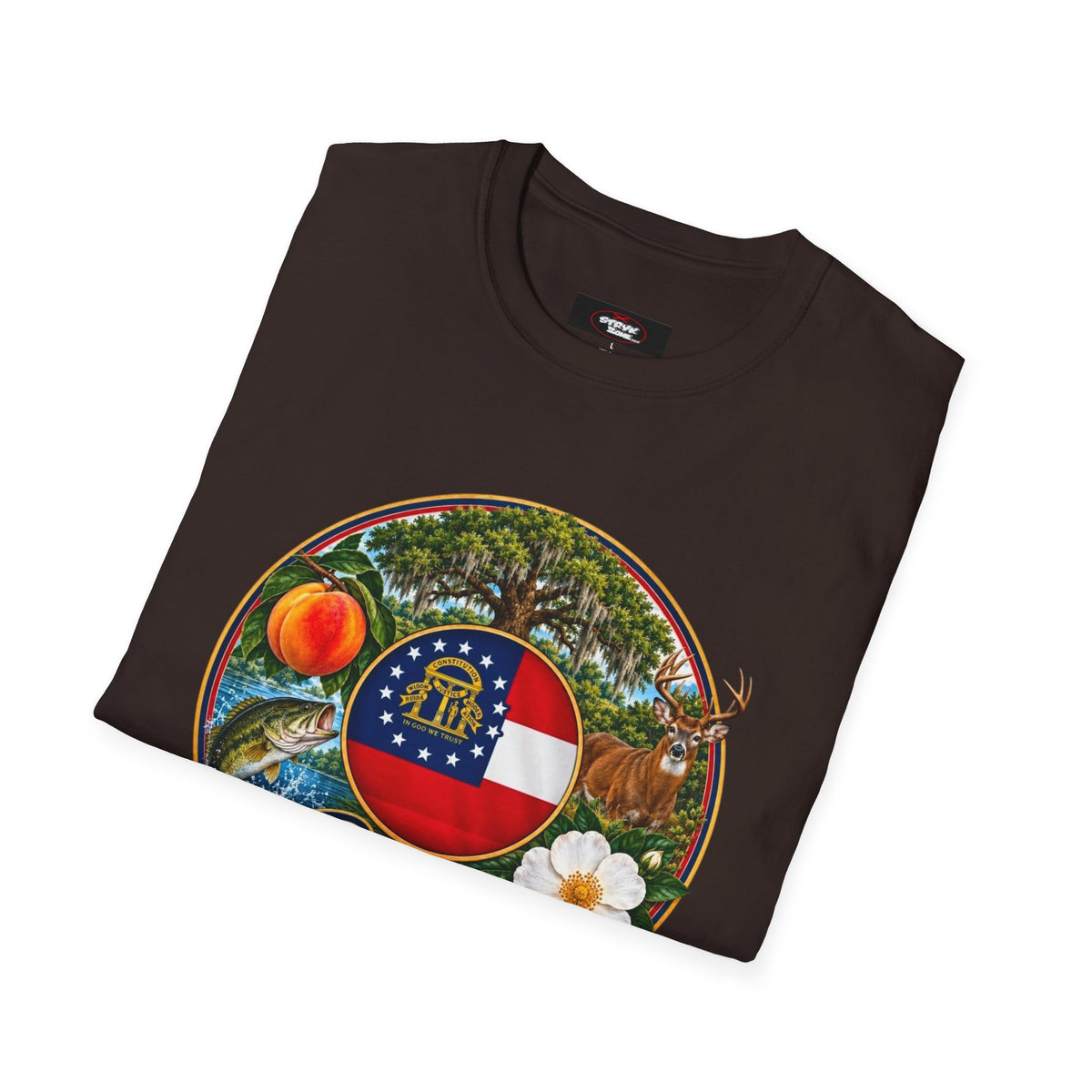 Georgia State Emblem T-Shirt – Peach, Magnolia & Flag Design