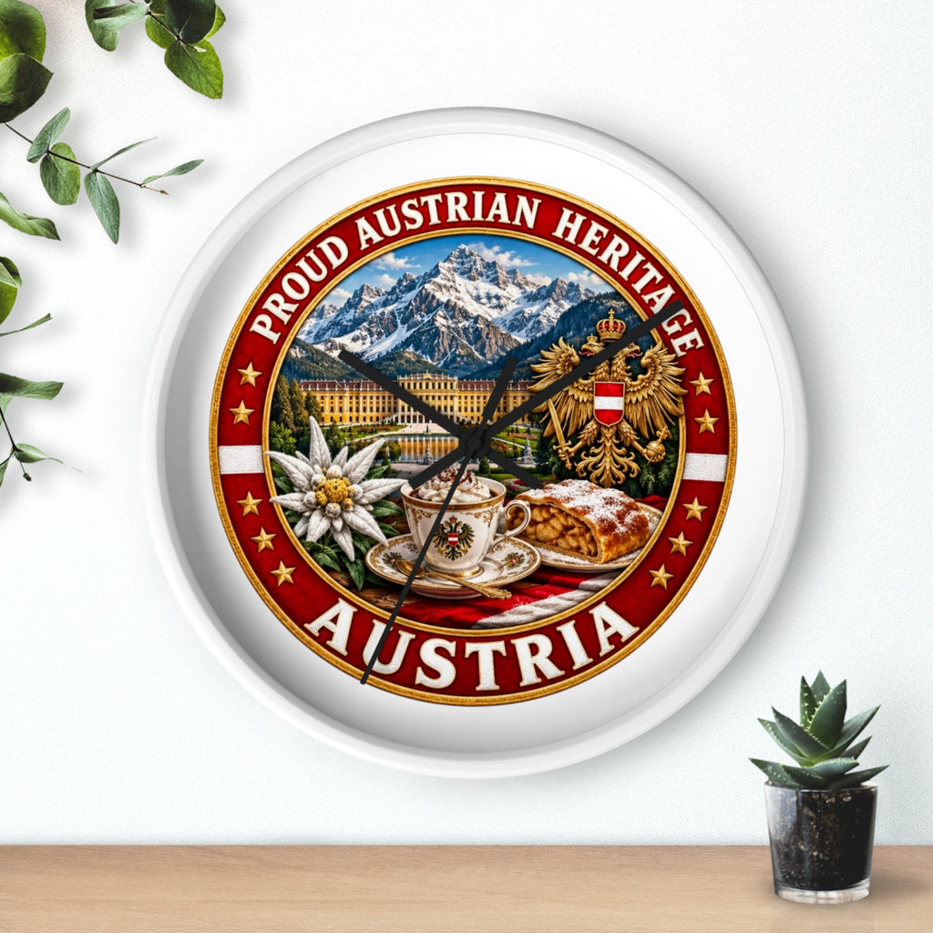 Austria Heritage Wall Clock — Proud Austrian Mountains & Coffee Scene