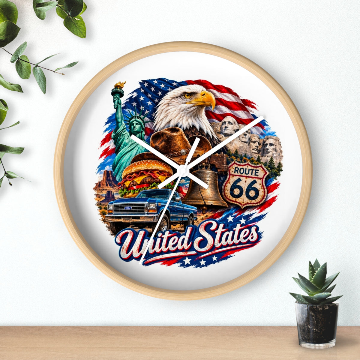 United States Patriotic Wall Clock — Eagle, Route 66 & American Landmarks
