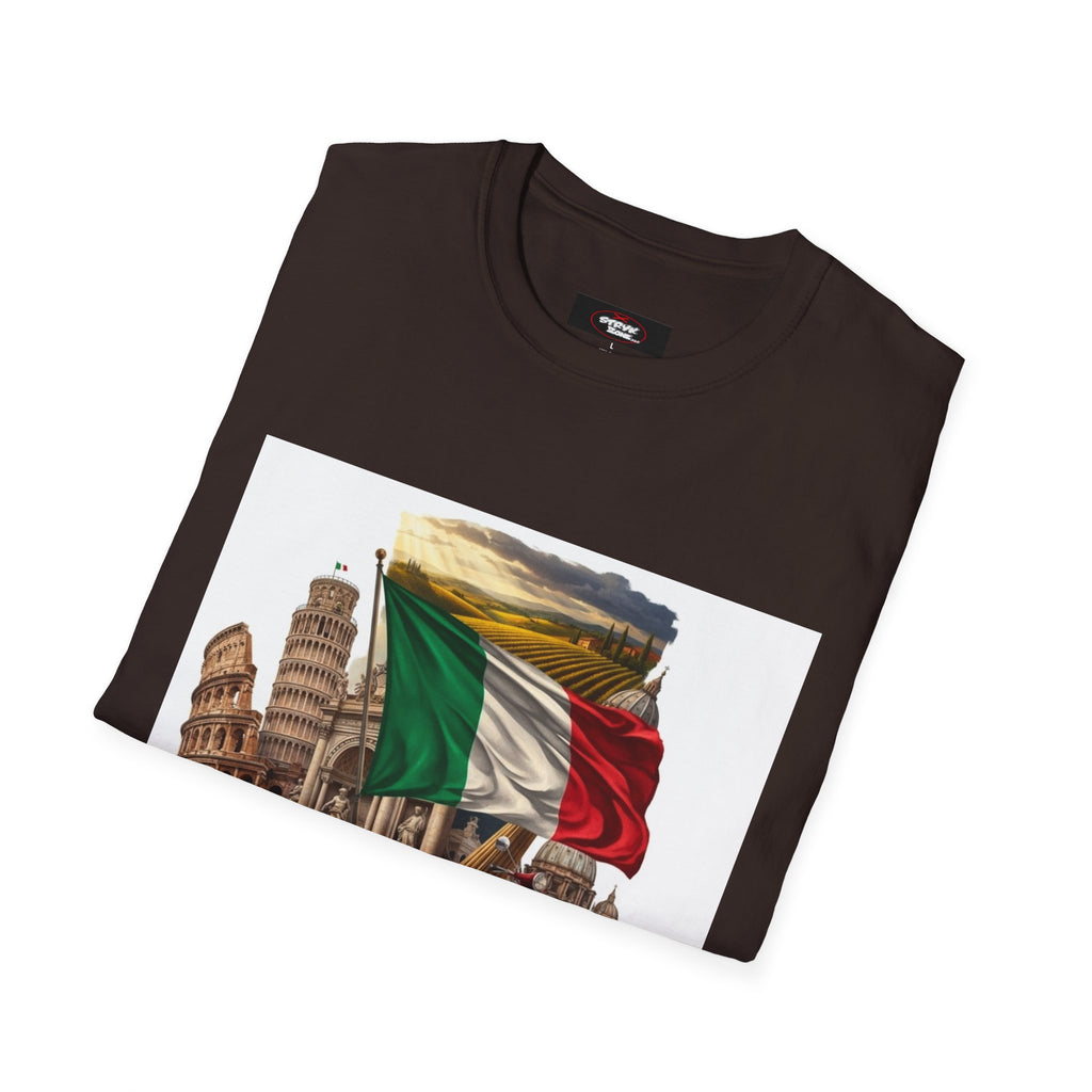 Italian Landmarks & Cuisine T-Shirt — Pizza, Colosseum & Flag Graphic