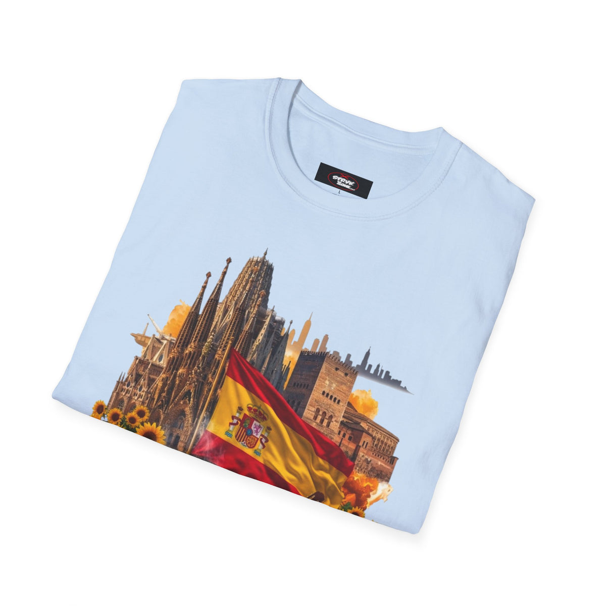 Spain Travel Collage T-Shirt — Paella, Guitar & Spanish Flag Graphic Tee