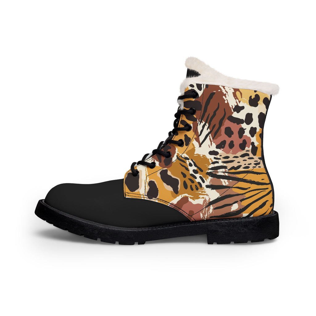 Men's Fur-Lined Leather Boots — Tiger Print Accent, Warm Winter Combat Style