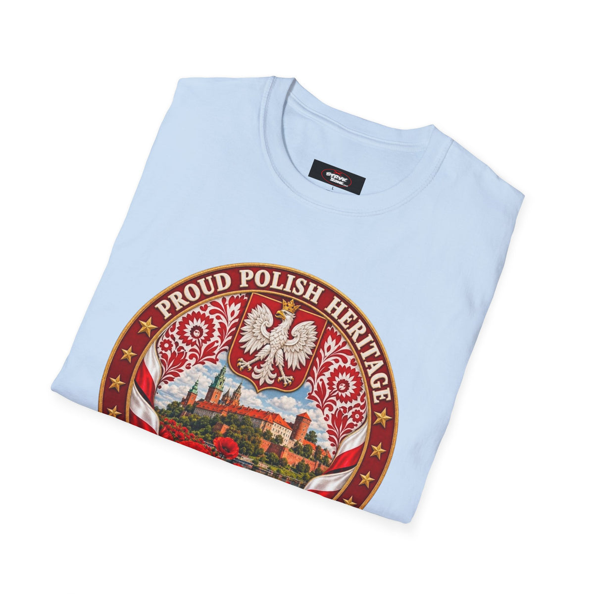 Poland Pride T-Shirt — "Proud Polish Heritage" Circle Crest with White Eagle and Floral Motif