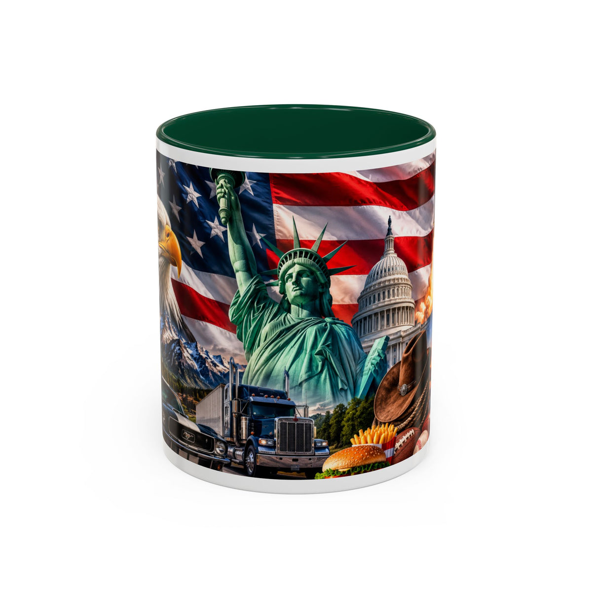 Patriotic USA Collage Mug — Statue of Liberty, Capitol & American Flag (Two-Tone)