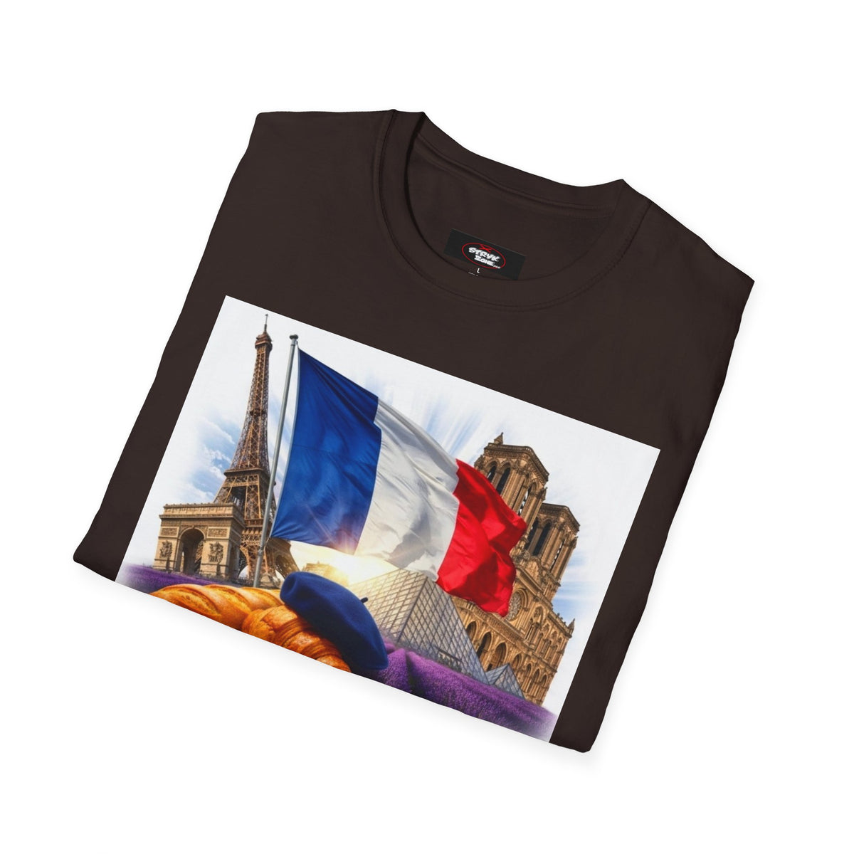 French Flag & Landmark T-Shirt — Eiffel Tower, Notre-Dame & Croissant Graphic