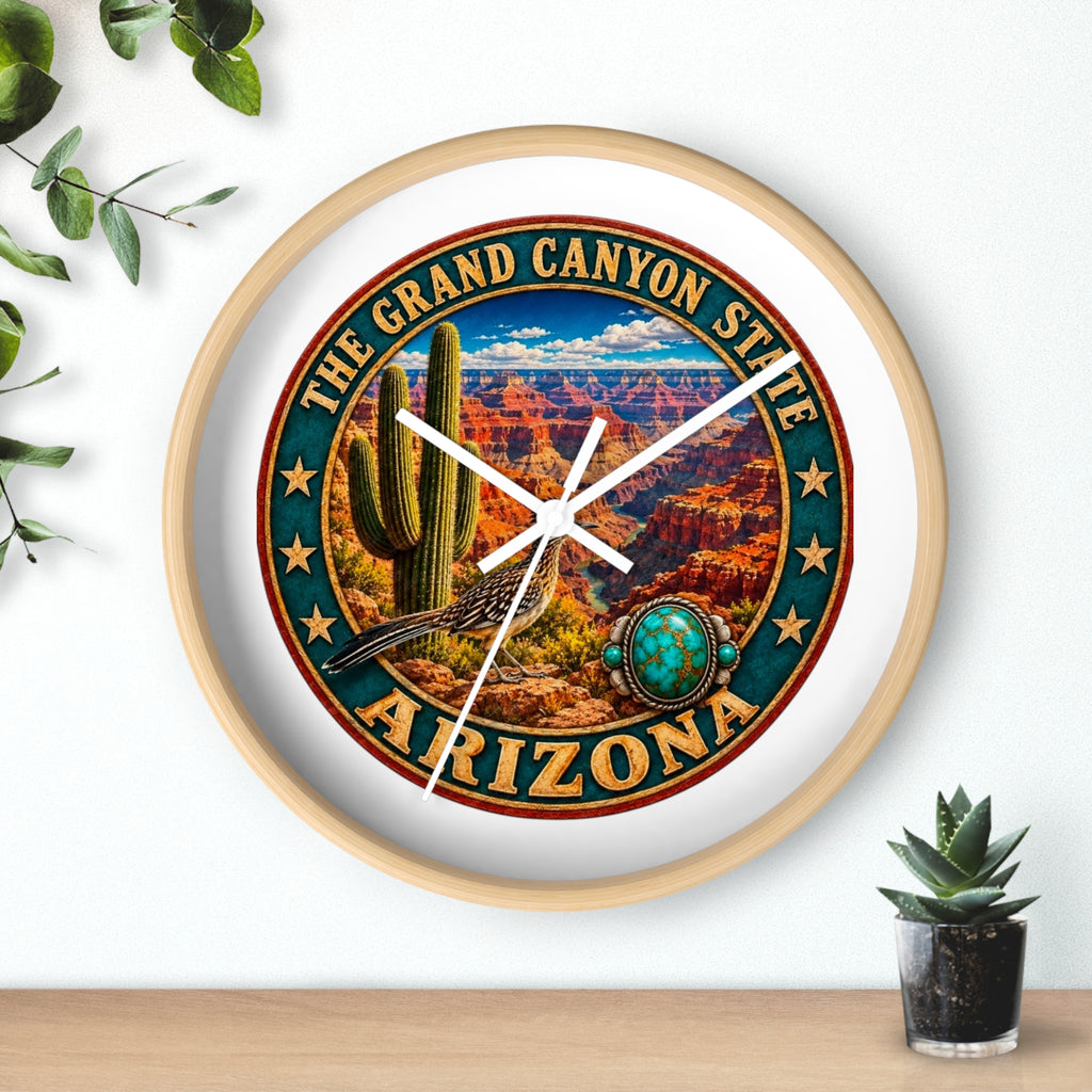 Arizona Grand Canyon State Wall Clock – Southwestern Cactus & Roadrunner Decor