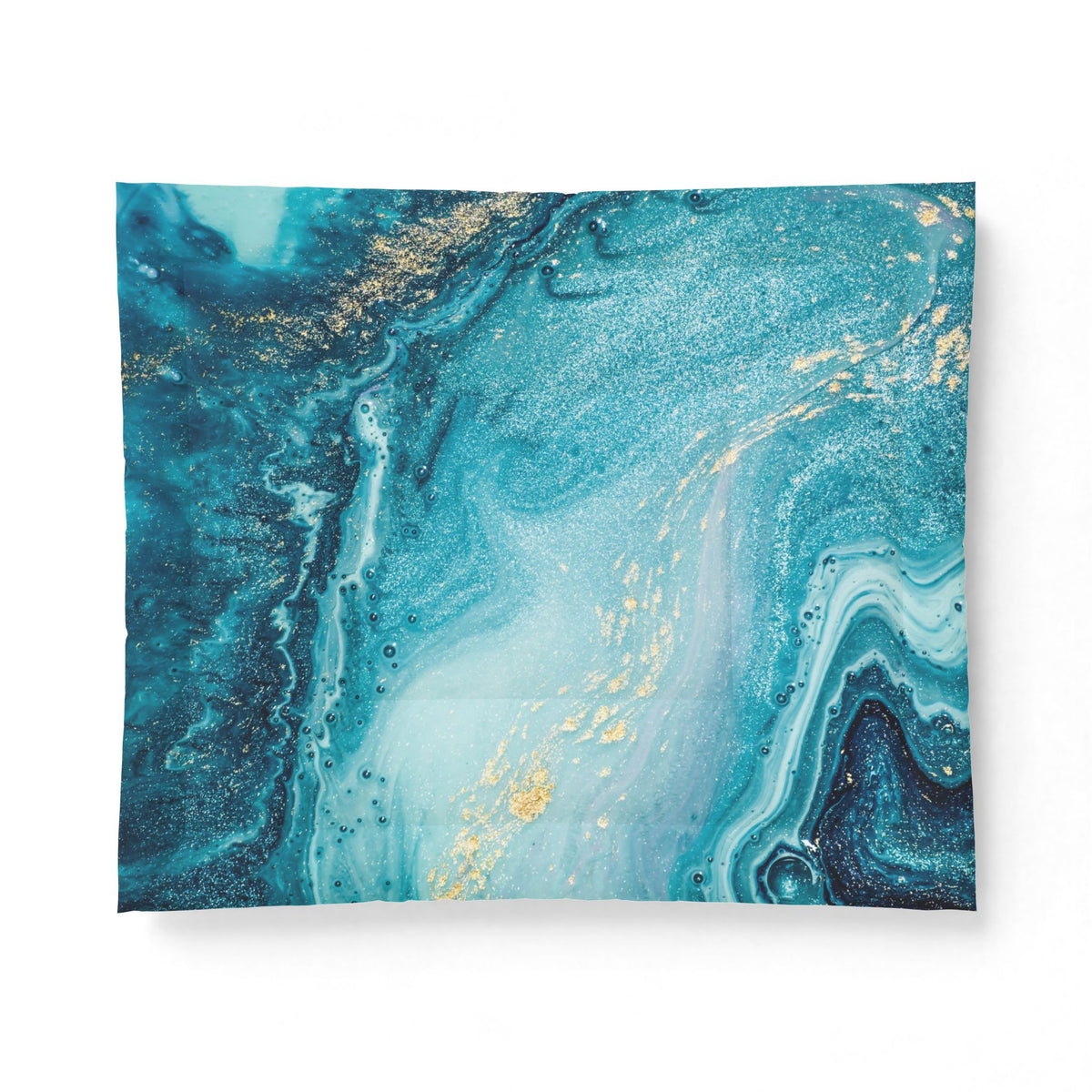 Teal Marble Cotton Comforter – Ocean Blue Abstract Bedding with Gold Veins