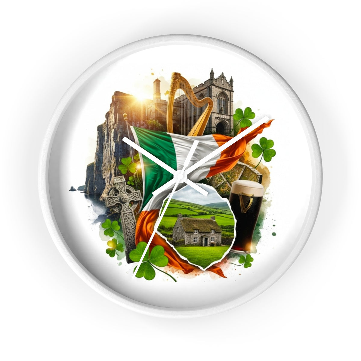 Irish Heritage Wall Clock — Celtic Flag, Shamrocks, Harp & Pub Pint Decor